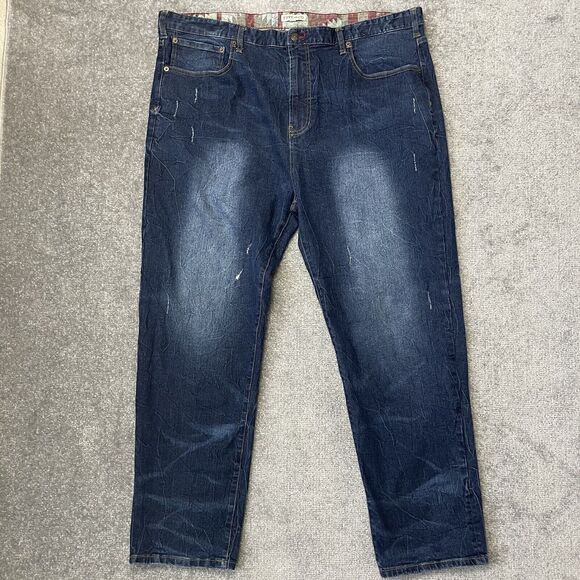 Frye and Co Jeans Mens 44x32 Dark Wash Distressed Straight Leg Casual Blue Denim
